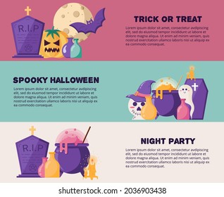Halloween Web Horizontal Banners in a flat style. Vector Illustration for Website Header. . Vector illustration