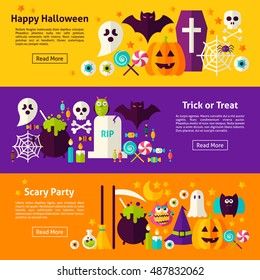 Halloween Web Horizontal Banners. Flat Style Vector Illustration for Website Header. Trick or Treat Objects.