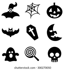 Halloween web and mobile logo icons collection isolated on white back. Vector symbols of pumpkin, skull, moon etc