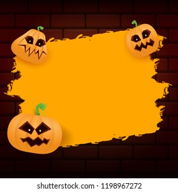 Halloween web orange grunge Banner or poster with Halloween scary pumpkins isolated on brick wall background . Funky kids Halloween orange banner with space for greeting text or sale