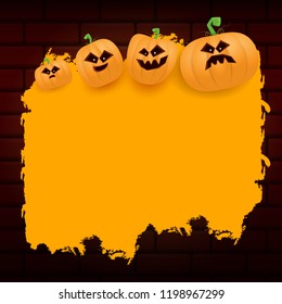 Halloween web orange grunge Banner or poster with Halloween scary pumpkins isolated on brick wall background . Funky kids Halloween orange banner with space for greeting text or sale