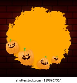 Halloween web orange grunge Banner or poster with Halloween scary pumpkins isolated on brick wall background . Funky kids Halloween orange banner with space for greeting text or sale