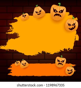 Halloween web orange grunge Banner or poster with Halloween scary pumpkins isolated on brick wall background . Funky kids Halloween orange banner with space for greeting text or sale