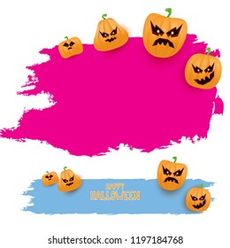 Halloween web pink grunge Banner or poster with Halloween scary pumpkins isolated on white background . Funky kids Halloween pink banner with space for greeting text or sale