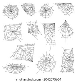 Halloween web, spiderweb and cobweb set. Isolated vector spider nets, round, corner and half shape webs. Spooky, scary design elements for greeting cards decoration, insects trap monochrome decor