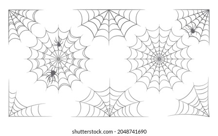 Halloween Web, Spiderweb and Cobweb Set. Isolated Scary Design Elements for Greeting Cards Decoration, Insects Trap, Spider Nets, Round, Corner and Half Shape Webs. Spooky, Monochrome Vector Decor