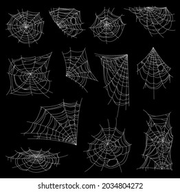 Halloween web, spiderweb or cobweb vector set. Horror spider nets with white corner, circular and spiral webs, creepy thread nets and traps for insects or flies, Halloween holiday cobweb decoration