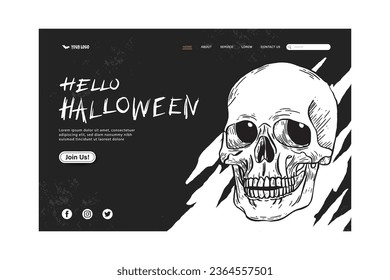 Halloween web template cover design with skull in black and white background, vector illustration 