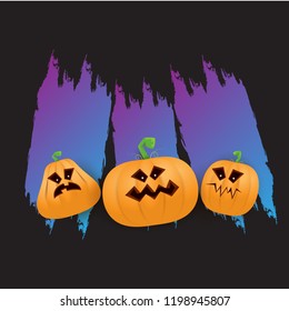 Halloween web violet grunge Banner or poster with Halloween scary pumpkins isolated on black background . Funky kids Halloween ultra violet banner with space for greeting text or sale