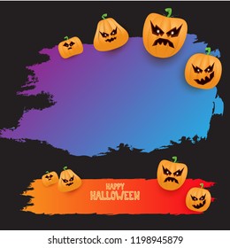 Halloween web violet grunge Banner or poster with Halloween scary pumpkins isolated on black background . Funky kids Halloween ultra violet banner with space for greeting text or sale