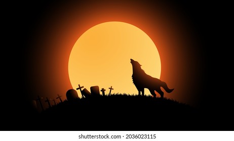 Halloween website banner background , card, poster, dark bat, yellow and orange and dark vector background, halloween scare, Full moon,wolf howling