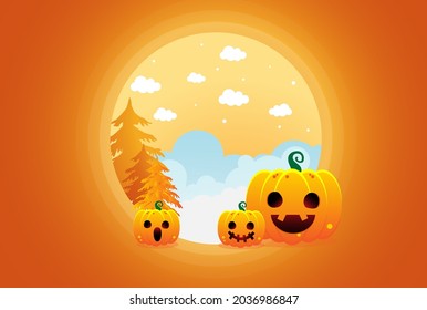 Halloween website banner background , card, poster, pumpkin lantern, yellow and orange and dark vector background, Halloween scare, full moon and sky