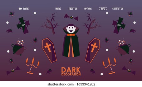 Halloween website design, vector illustration. Landing page template with traditional symbols of halloween vampire Dracula, coffin, spider, bat and dead tree. Cartoon style spooky icons and emblems