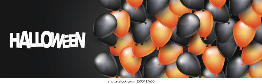 Halloween website or social media banner with black and orange helium balloons and typography text. Vector illustration.