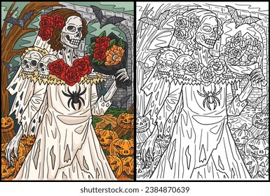 Ilustración de la página de color de la boda de Halloween