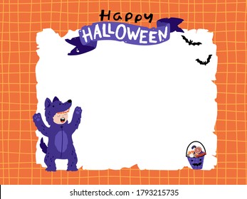Halloween werewolf with a bucket of candy on template background. Kids costume party. Vector childish illustration of magic character with elements in simple cartoon hand-drawn style. Lettering.