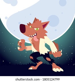 Halloween werewolf cartoon at night design, Holiday and scary theme Vector illustration