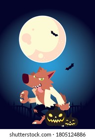Halloween werewolf cartoon at night design, Holiday and scary theme Vector illustration