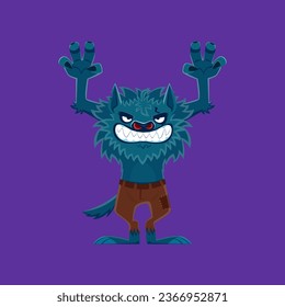 Halloween werewolf character or horror night holiday monster, cartoon isolated vector. Happy Halloween holiday character of werewolf wolf with scary fangs and spooky claws for trick or treat party