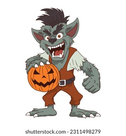 El personaje de Halloween era de hombre lobo que está parado con sonrisas salvajes y sosteniendo calabaza