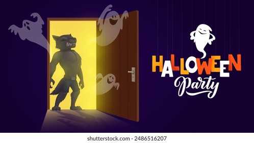 Halloween werewolf on opened door and funny ghost characters. October horror background, Halloween holiday party or autumn event vector banner with werewolf monster and ghost personages flying in door