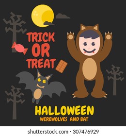 Halloween Werewolves And Bat , Vector Illustration. Flat Design Elements.