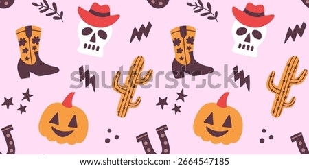 Halloween Western Seamless Pattern Design with Ghosts in Cowboy Hats, Cactus, Pumpkin, Horseshoe. Festival Wild West Background Vector Illustration