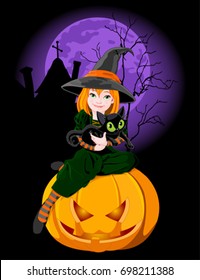 Halloween which sits on pumpkin and holds black cat 