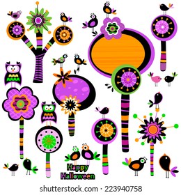 Halloween whimsy forest with trees and birds
