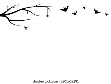 Halloween white background with black silhouette of tree, spider and bats. Vector illustration