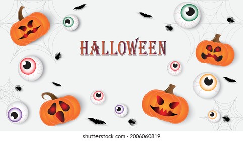 Halloween white background , pumpkins , spiders and bats illustration on a wihite background.