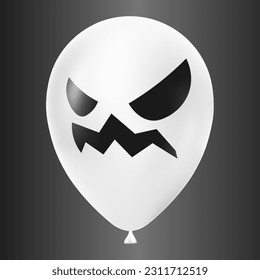 Halloween white balloon illustration with scary and funny face isolated on dark background