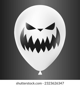 Halloween white balloon illustration with scary and funny face isolated on dark background