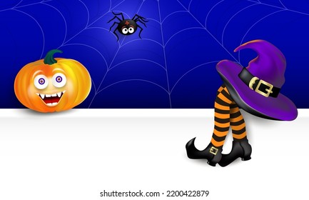 Halloween white banner with smiling pumpkin face, witch's striped legs, spider, spider web on dark blue background. Editable Vector illustration.