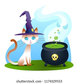 Halloween white cat in witch hat sitting with fuming potion cauldron. Vector animal isolated on white background.