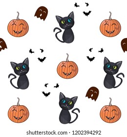Halloween white festive seamless pattern. Endless background with pumpkins, black cats, bats and brown ghosts.