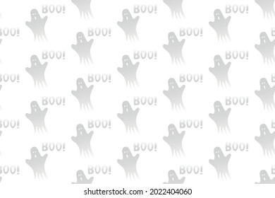 Halloween white festive seamless pattern. Endless background set with ghost and lettering boo. Hand drawing vector clip art graphic elements for creative design, printable decor.