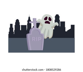Halloween white ghost cartoon with grave at city design, Holiday and scary theme Vector illustration