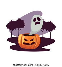 Halloween white ghost cartoon over pumpkin at park design, Holiday and scary theme Vector illustration