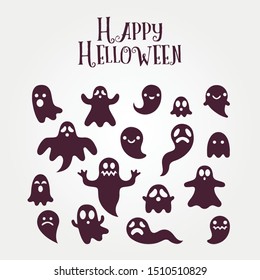 Halloween white ghost emoji set on black background. Cartoon emoticon collection of happy, laughing, crying, scared and surprised phantoms