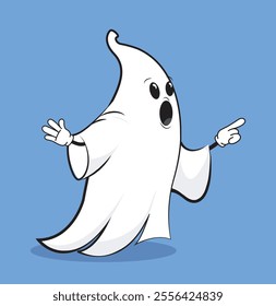 Halloween white ghost. Fictional character for international holiday of fear and horror. Surprised character. Shock and frustration. Flat vector illustration isolated on blue background