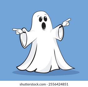 Halloween white ghost. Fictional character for international holiday of fear and horror. Emotions and expression. Poster or banner. Flat vector illustration isolated on blue background