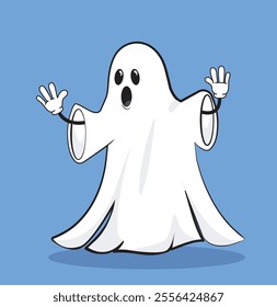 Halloween white ghost. Fictional character for international holiday of fear and horror. Graphic element for website. Flat vector illustration isolated on blue background