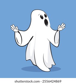 Halloween white ghost. Fictional character for international holiday of fear and horror. Surprised character for social media. Flat vector illustration isolated on blue background