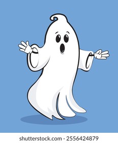 Halloween white ghost. Fictional character for international holiday of fear and horror. Template and layout. Shock and frustration. Flat vector illustration isolated on blue background