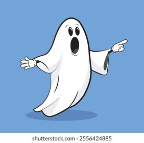 Halloween white ghost. Fictional character for international holiday of fear and horror. Scary spirit. Sticker for social networks. Flat vector illustration isolated on blue background