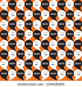 Halloween white ghost and letter boo in black speech bubble pattern on orange background
