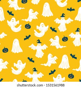 Halloween White Ghost on Yellow Background vector Seamless Pattern