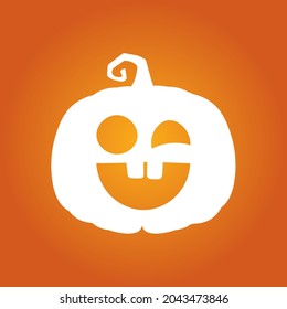 Halloween white happy scary pumpkin in flat style on orange background