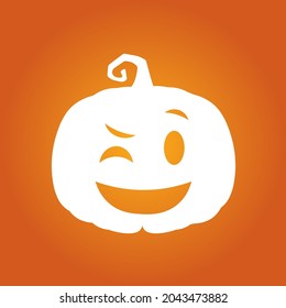 Halloween white happy scary pumpkin in flat style on orange background